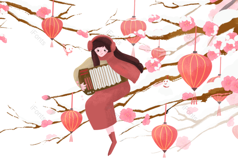 插画图片,人物元素,灯笼PNG,树枝免抠素材